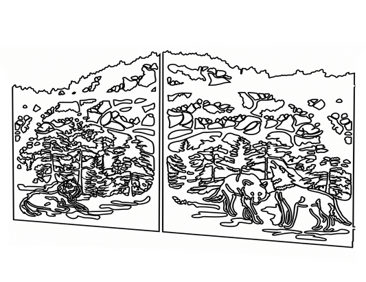 Technical CAD lineart drawing for a metal gate design with wolves and forest – a clean vector template ready for CNC cutting.