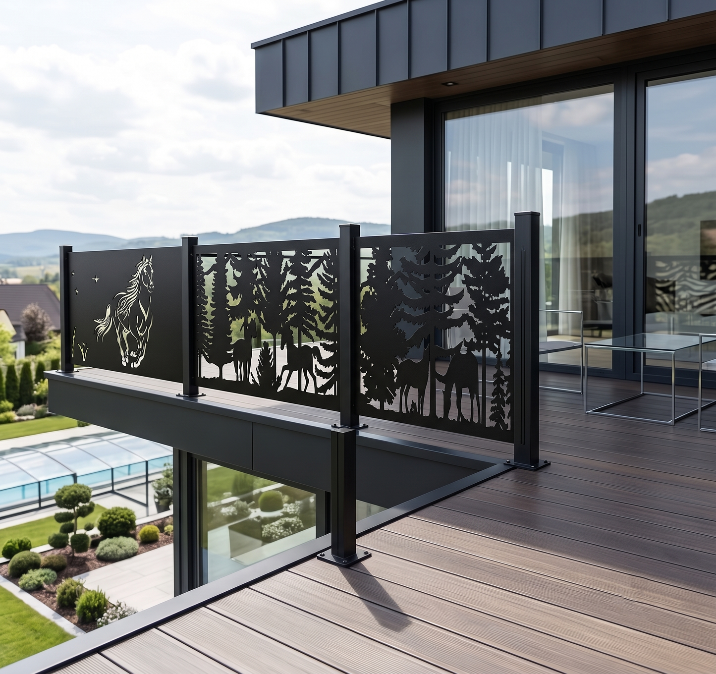 Modern deck with decorative metal railing featuring animal silhouettes.