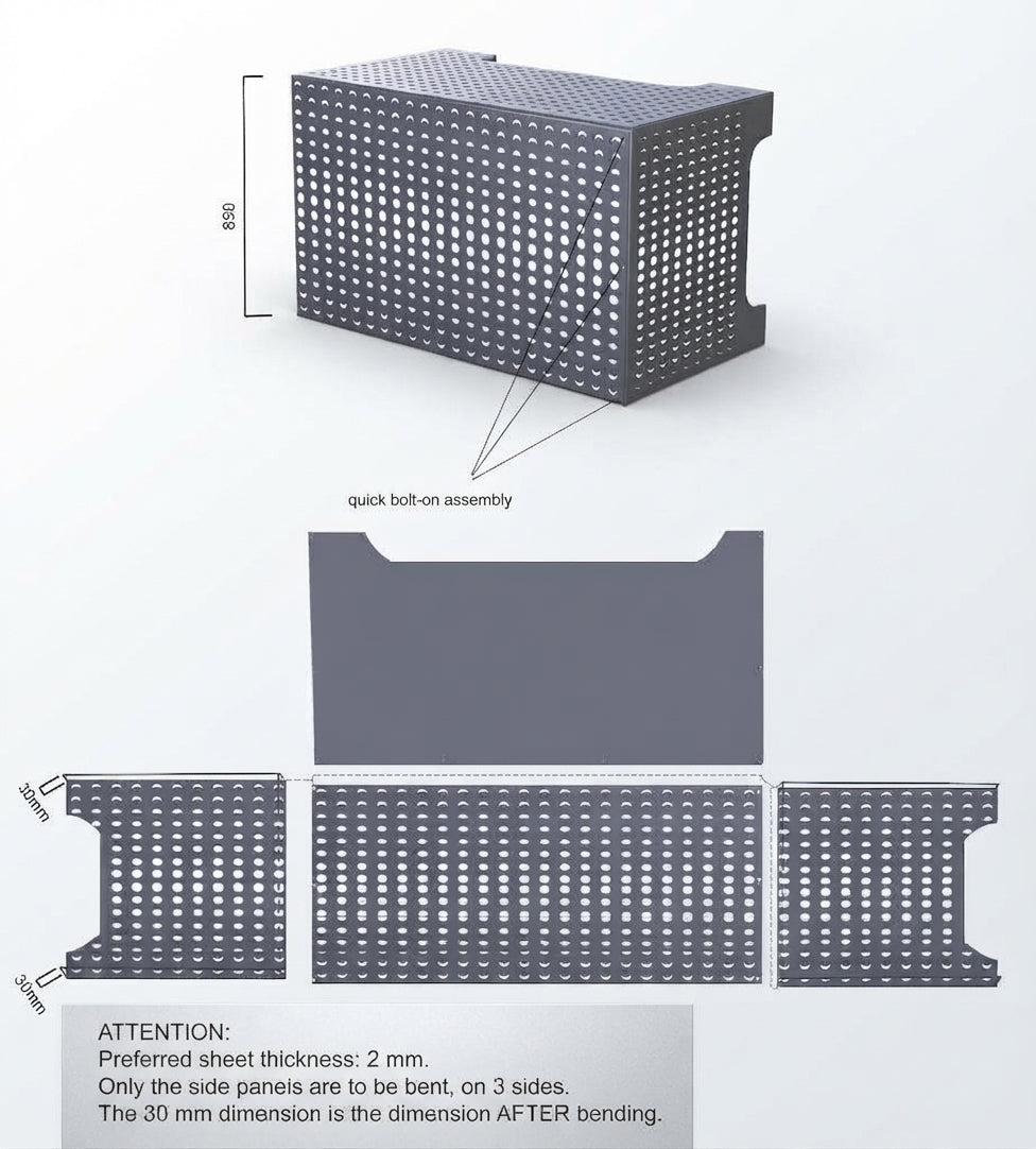 Technical product diagram showing a perforated metal panel kit with front, side, and bottom views, dimensions, assembly note, and material specifications on a light gray background.