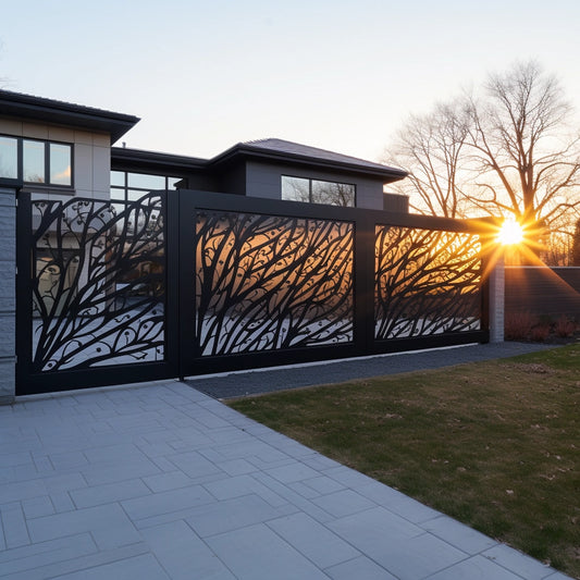 Modern house with a decorative metal gate at sunset
