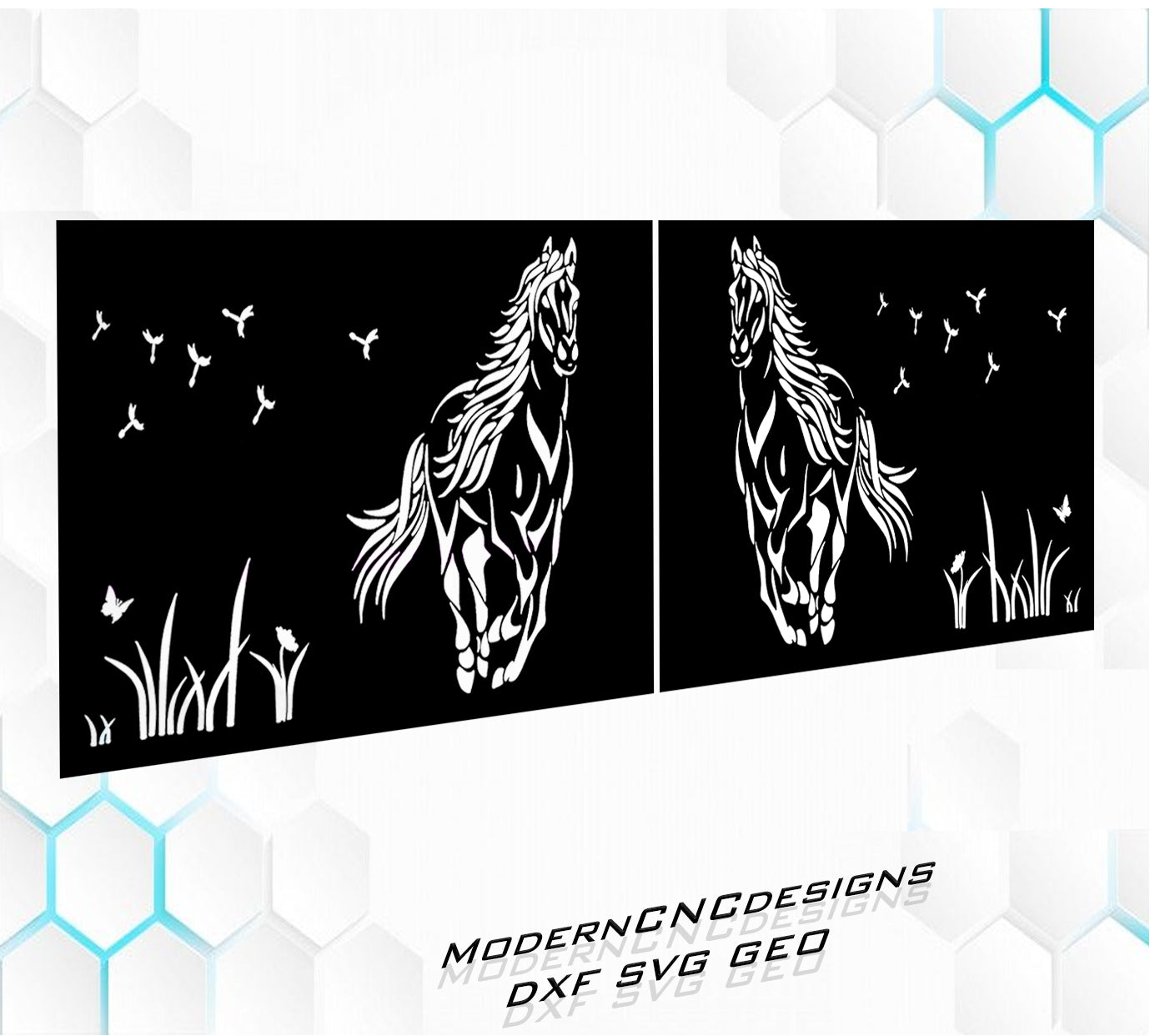 Two horse illustrations on a black background with 'Modern CNC Designs' branding.