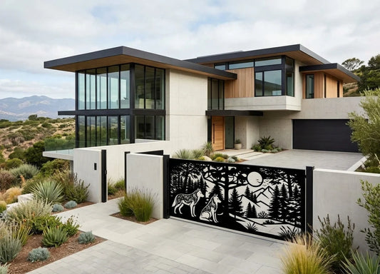 Modern Swing Gates with Wolf, Bear & Deer Motifs