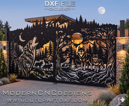 Intricate wolf pack howling at moon CNC laser cut swing gate design pattern, optimized DXF file.