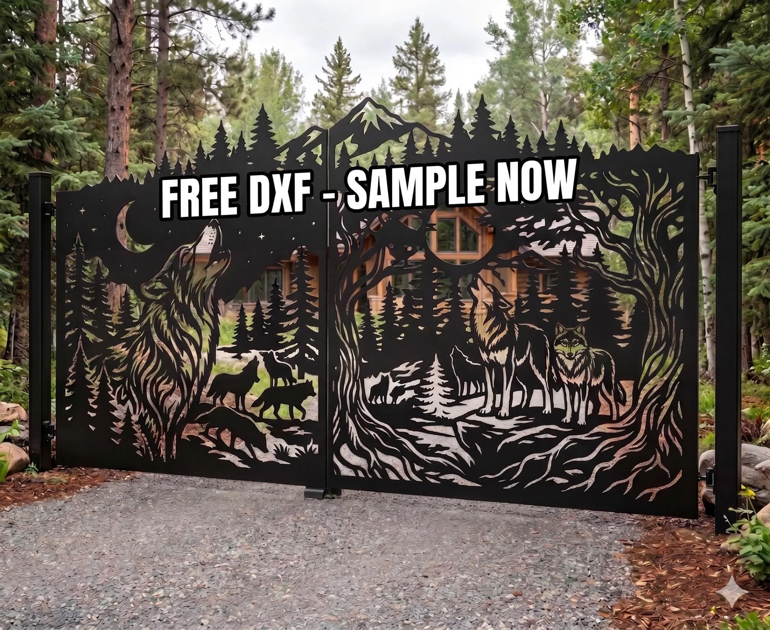 Free CNC DXF file download sample of a decorative metal gate with a laser cut wolf and forest design.