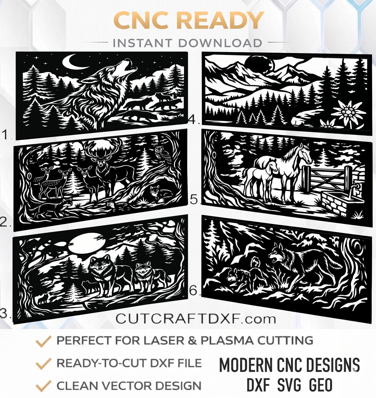 Modern CNC laser cut panel designs collection - wildlife and nature DXF files for plasma and metal cutting - 6 pack bundle