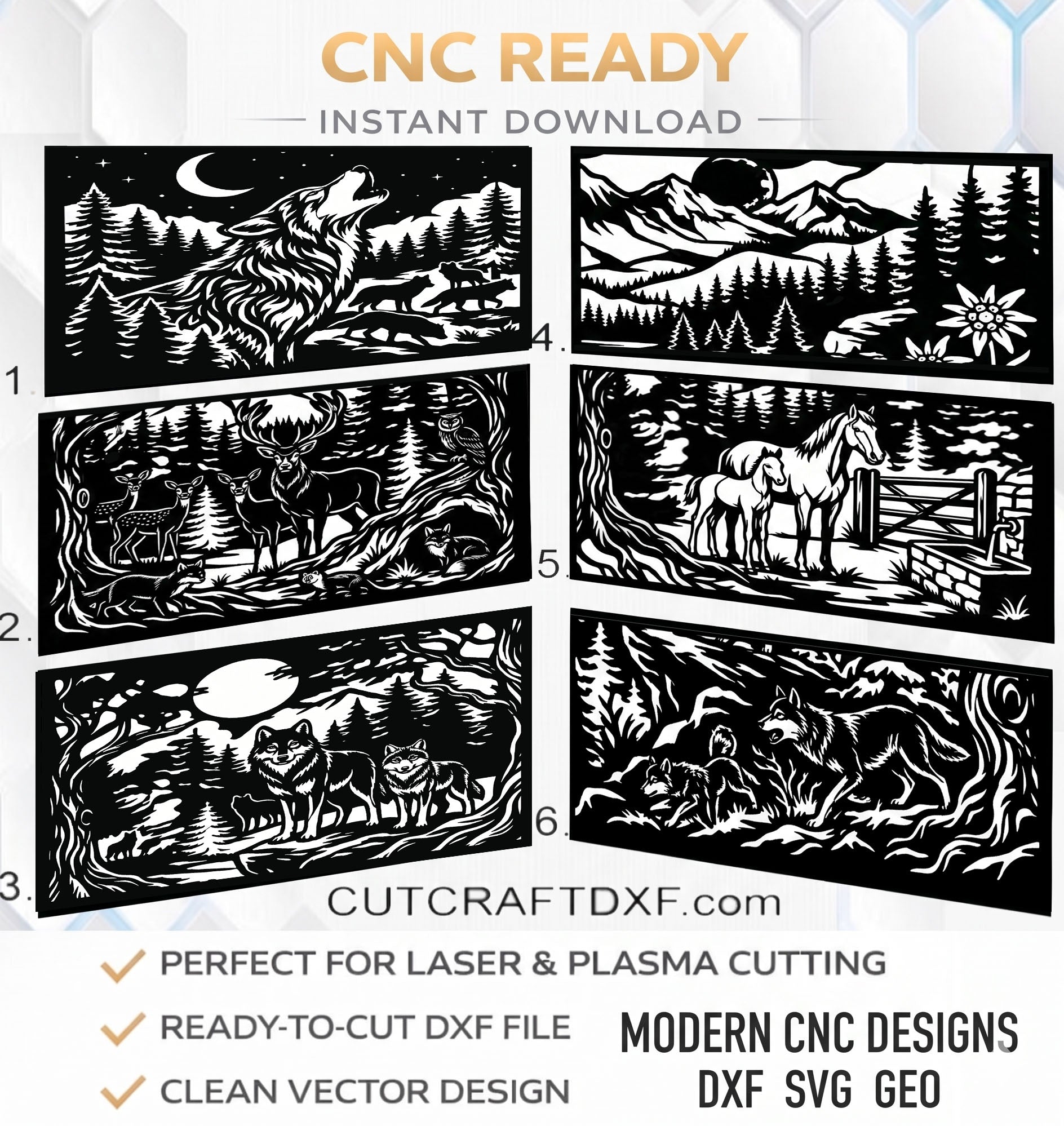 Modern CNC laser cut panel designs collection - wildlife and nature DXF files for plasma and metal cutting - 6 pack bundle