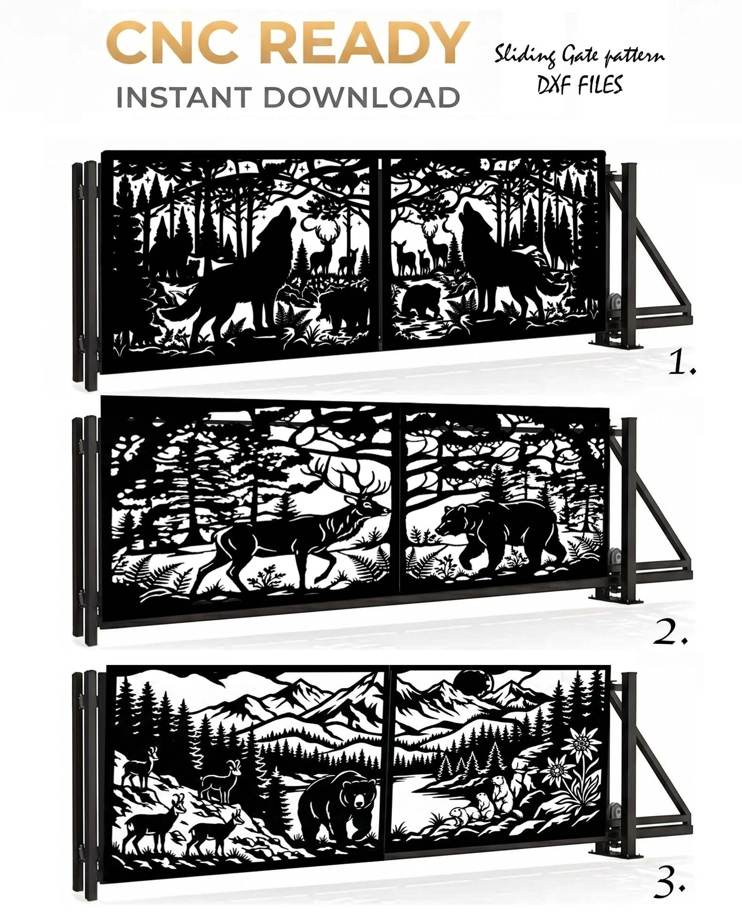 CNC ready sliding gate pattern with animals in a forest design, instant download.