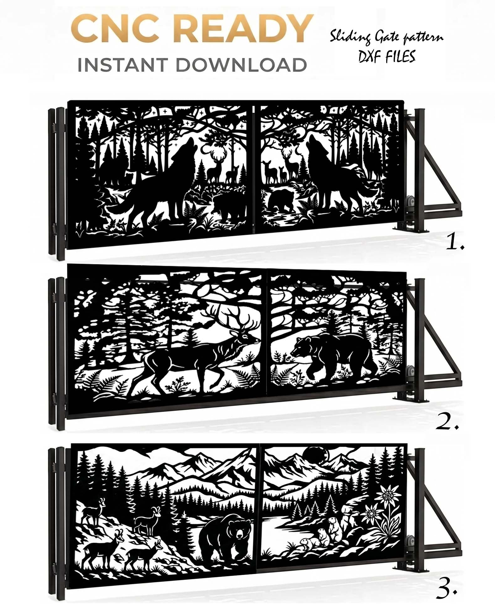 CNC ready sliding gate pattern with animals in a forest design, instant download.