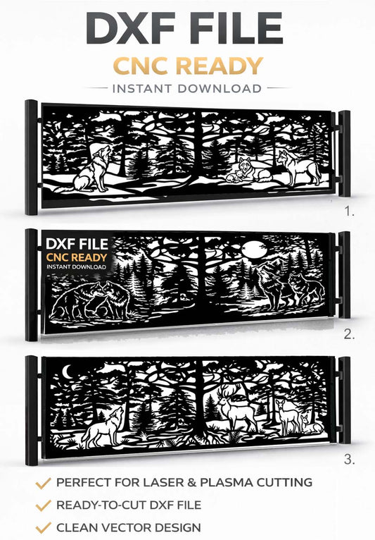 CNC Gate DXF File – Wolf Metal Gate Design for Laser & Plasma Cutting