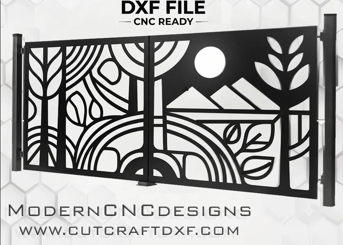 Modern abstract line art forest and moon CNC gate DXF file product preview template for laser cut plasma panel