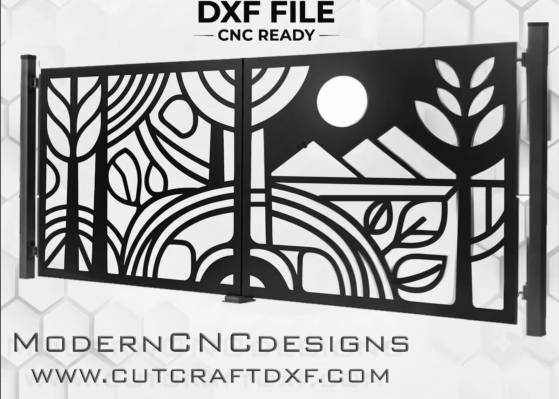 Modern abstract line art forest and moon CNC gate DXF file product preview template for laser cut plasma panel