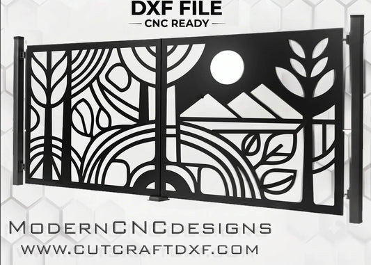 Modern abstract line art forest and moon CNC gate DXF file product preview template for laser cut plasma panel