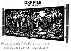 CNC ready DXF file for decorative metal gate with forest scene deer wild boars and full moon