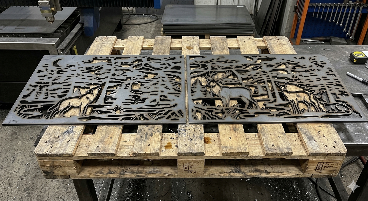 Real-life photo of two metal gate panels with wildlife forest design, freshly cut and placed on a wooden pallet in a workshop