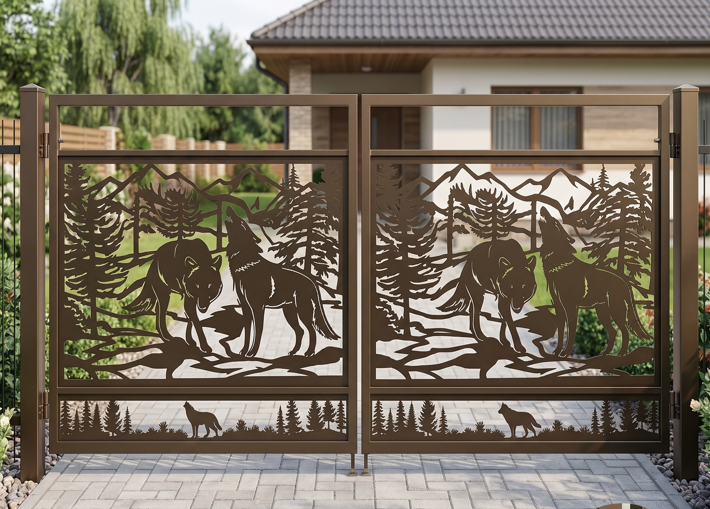 Custom metal driveway gate with wildlife forest scene. CNC laser cut metal art project using DXF vector file.