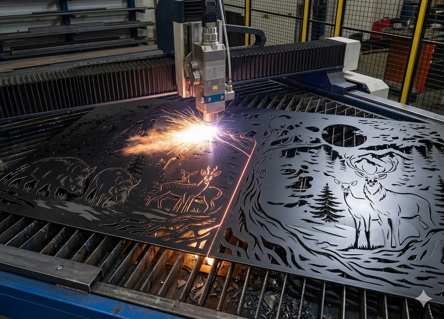 Close-up of a fiber laser machine cutting a complex wildlife forest scene into a thick metal sheet for a custom gate.