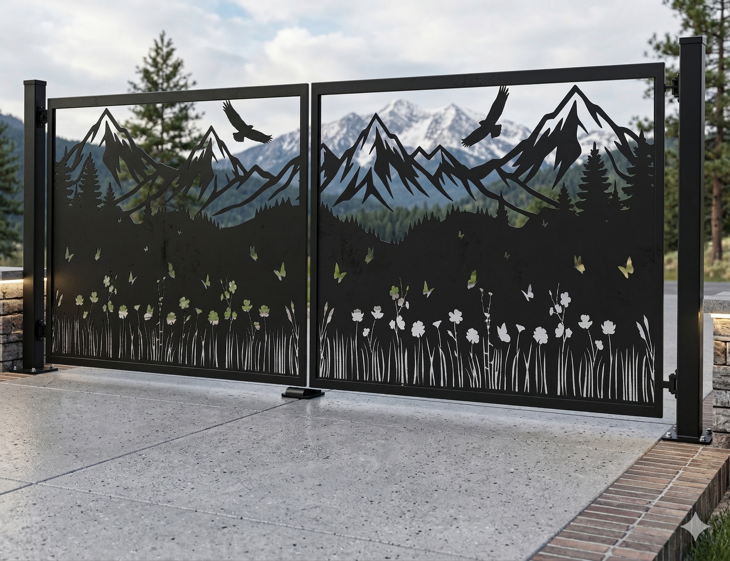 A finished black metal driveway gate with a scenic mountain and forest laser-cut design, installed on a private property.