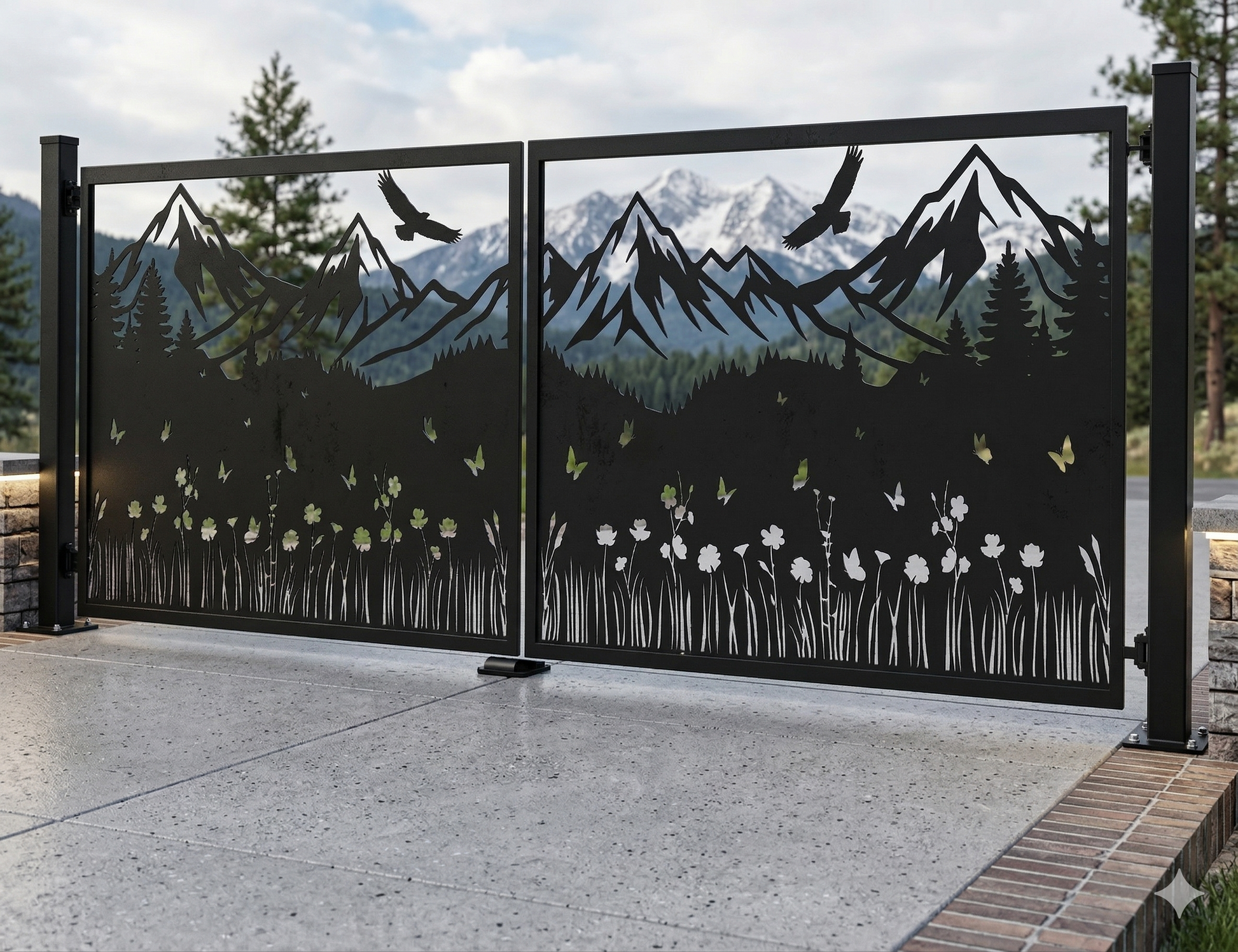 A finished black metal driveway gate with a scenic mountain and forest laser-cut design, installed on a private property.