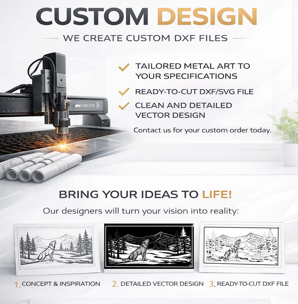 Custom CNC design services for laser and plasma cutting projects. Modern CNC designs brand info.