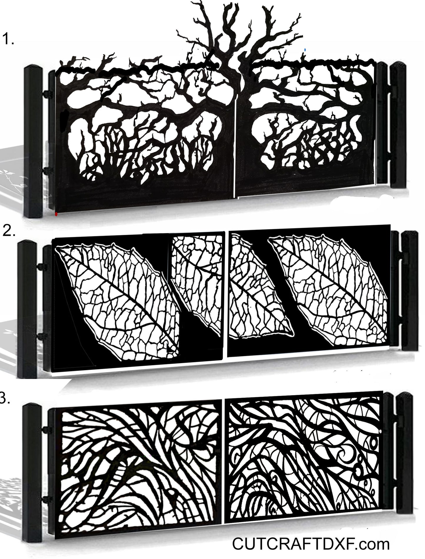 Dark tree leaf DXF pattern for modern garden gates, ready for laser cutting, plasma cutting, and waterjet CNC fabrication. Perfect for swing gates, garden fences, balcony railings, and decorative outdoor panels. Ideal for modern homes, stone fences, and contemporary garden design. Production-ready vector files optimized for precise cutting and stylish outdoor spaces.