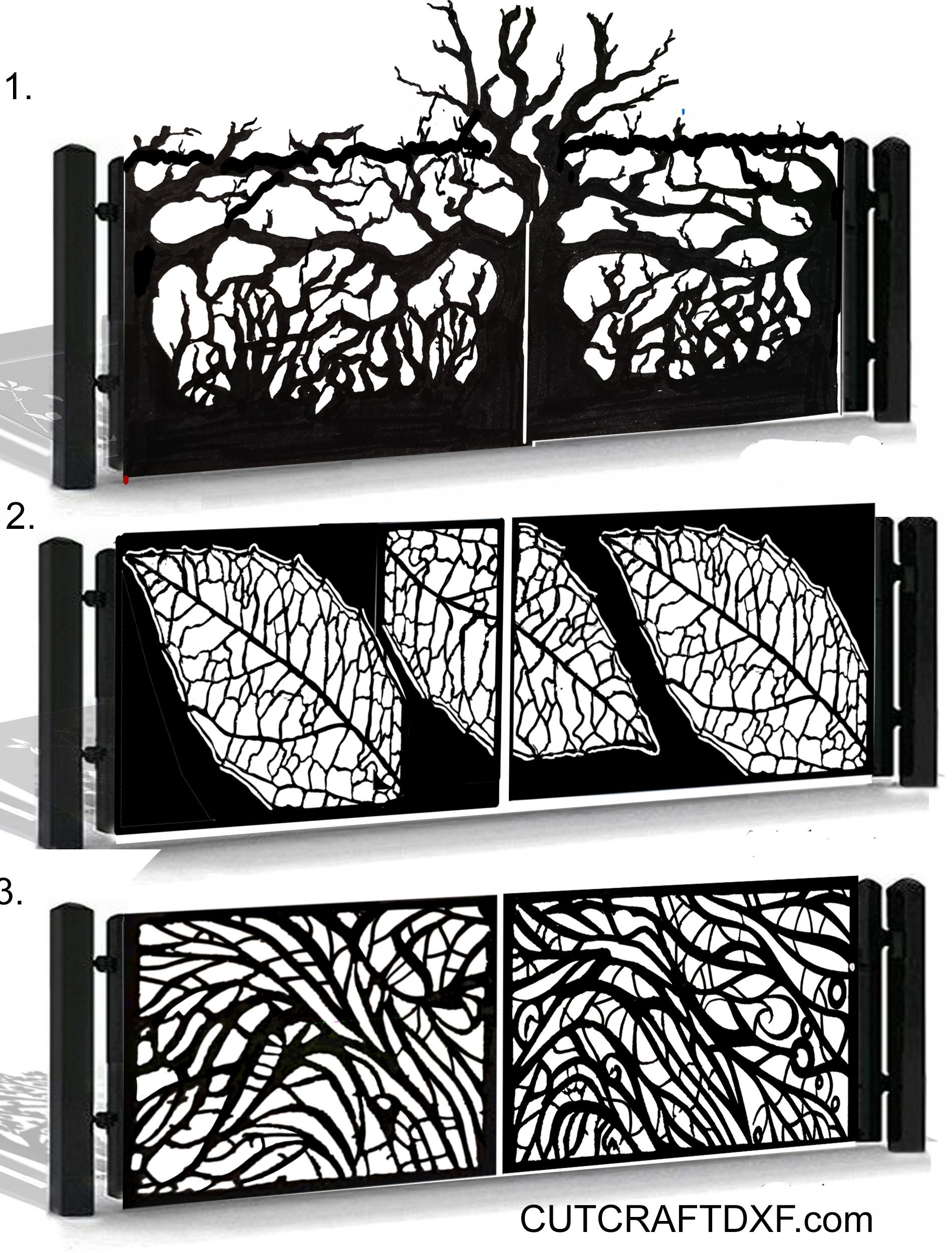 Dark tree leaf DXF pattern for modern garden gates, ready for laser cutting, plasma cutting, and waterjet CNC fabrication. Perfect for swing gates, garden fences, balcony railings, and decorative outdoor panels. Ideal for modern homes, stone fences, and contemporary garden design. Production-ready vector files optimized for precise cutting and stylish outdoor spaces.