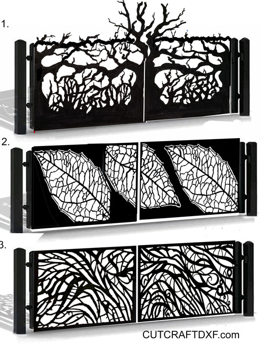 Dark tree leaf DXF pattern for modern garden gates, ready for laser cutting, plasma cutting, and waterjet CNC fabrication. Perfect for swing gates, garden fences, balcony railings, and decorative outdoor panels. Ideal for modern homes, stone fences, and contemporary garden design. Production-ready vector files optimized for precise cutting and stylish outdoor spaces.