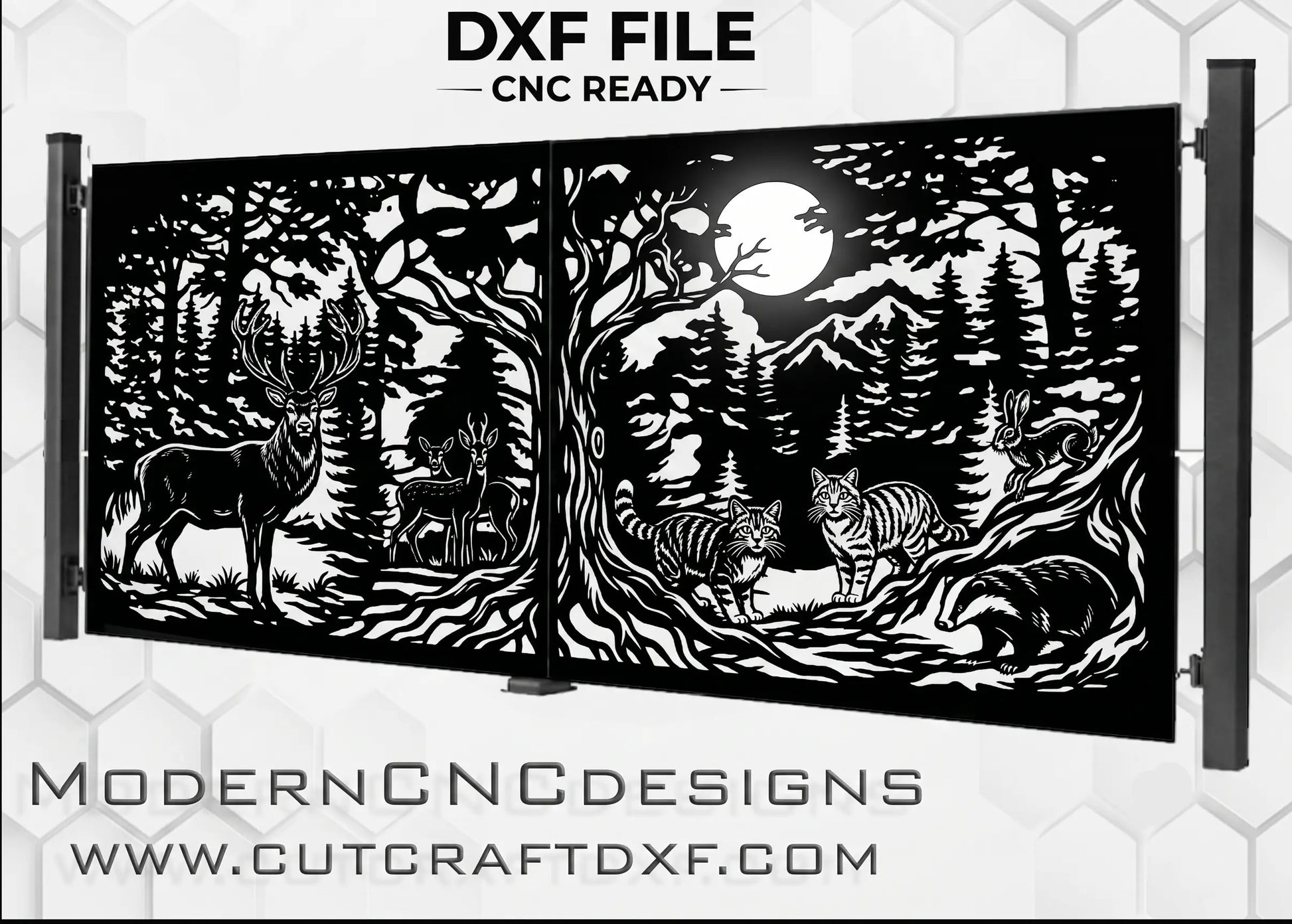 Main product mockup gallery image for Forest Wildlife CNC Gate DXF File with clear background, showing the complete laser cut gate panel design.