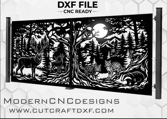 Main product mockup gallery image for Forest Wildlife CNC Gate DXF File with clear background, showing the complete laser cut gate panel design.