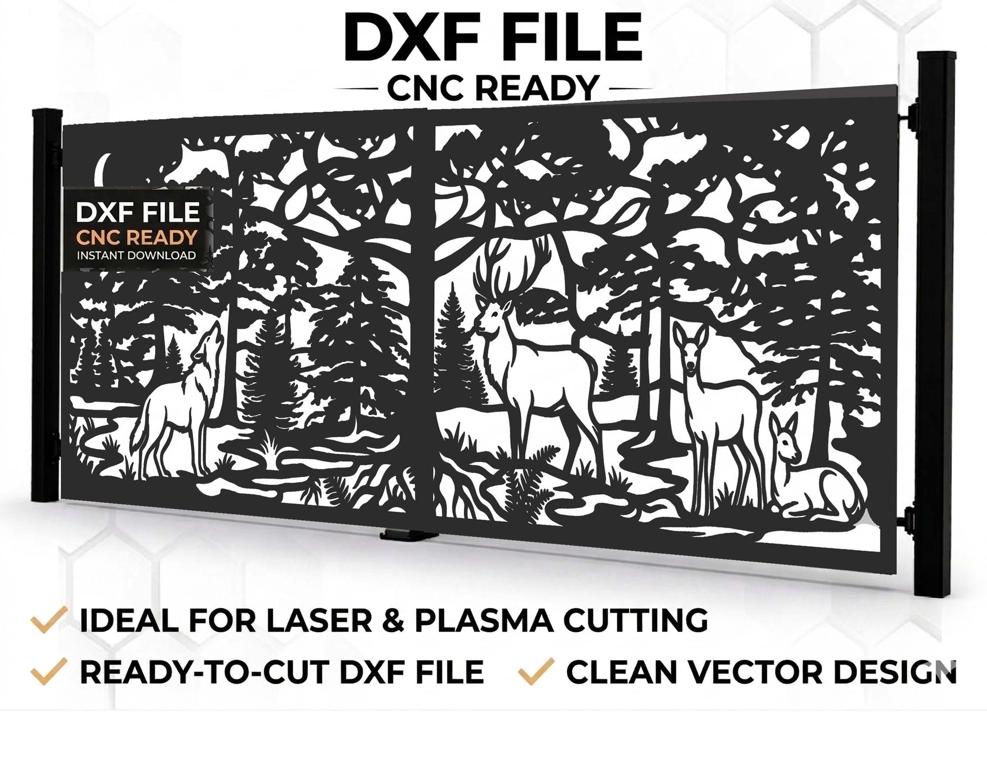 Professional mockup of a double-leaf metal gate with a laser-cut forest scene featuring a deer and a howling wolf, DXF file for CNC.