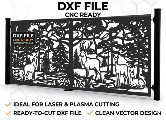 Professional mockup of a double-leaf metal gate with a laser-cut forest scene featuring a deer and a howling wolf, DXF file for CNC.