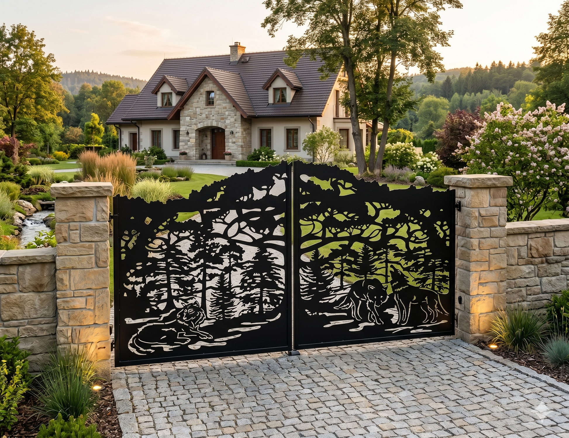 Double-leaf metal driveway gate featuring a detailed laser-cut design of wolves in a forest, mounted on stone pillars at a rustic cabin entrance.