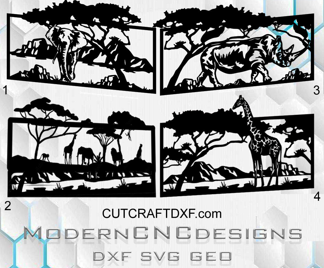 ELEPHANT safari rhino desert pattern - DXF  Silhouette designs of animals in a natural landscape with 'ModernNCDesigns' branding.