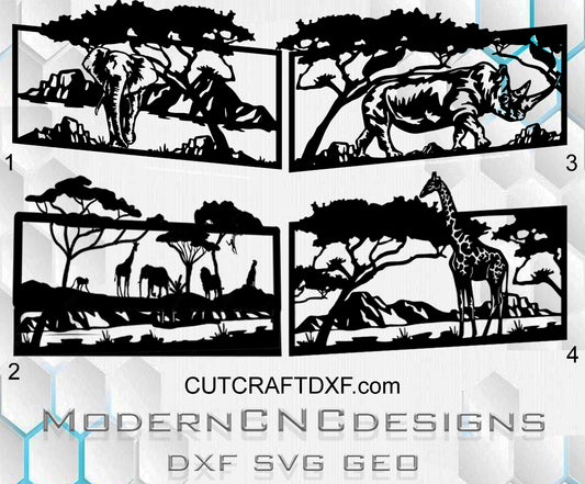 ELEPHANT safari rhino desert pattern - DXF  Silhouette designs of animals in a natural landscape with 'ModernNCDesigns' branding.