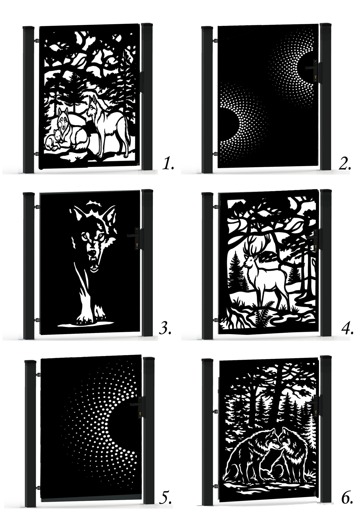 Laser cut garden gate with geometric and wildlife forest design, CNC plasma and laser cutting, modern corten panels, DXF SVG JPG files, decorative metal pedestrian gate, nature-inspired pattern, outdoor fencing, custom laser-cut metalwork