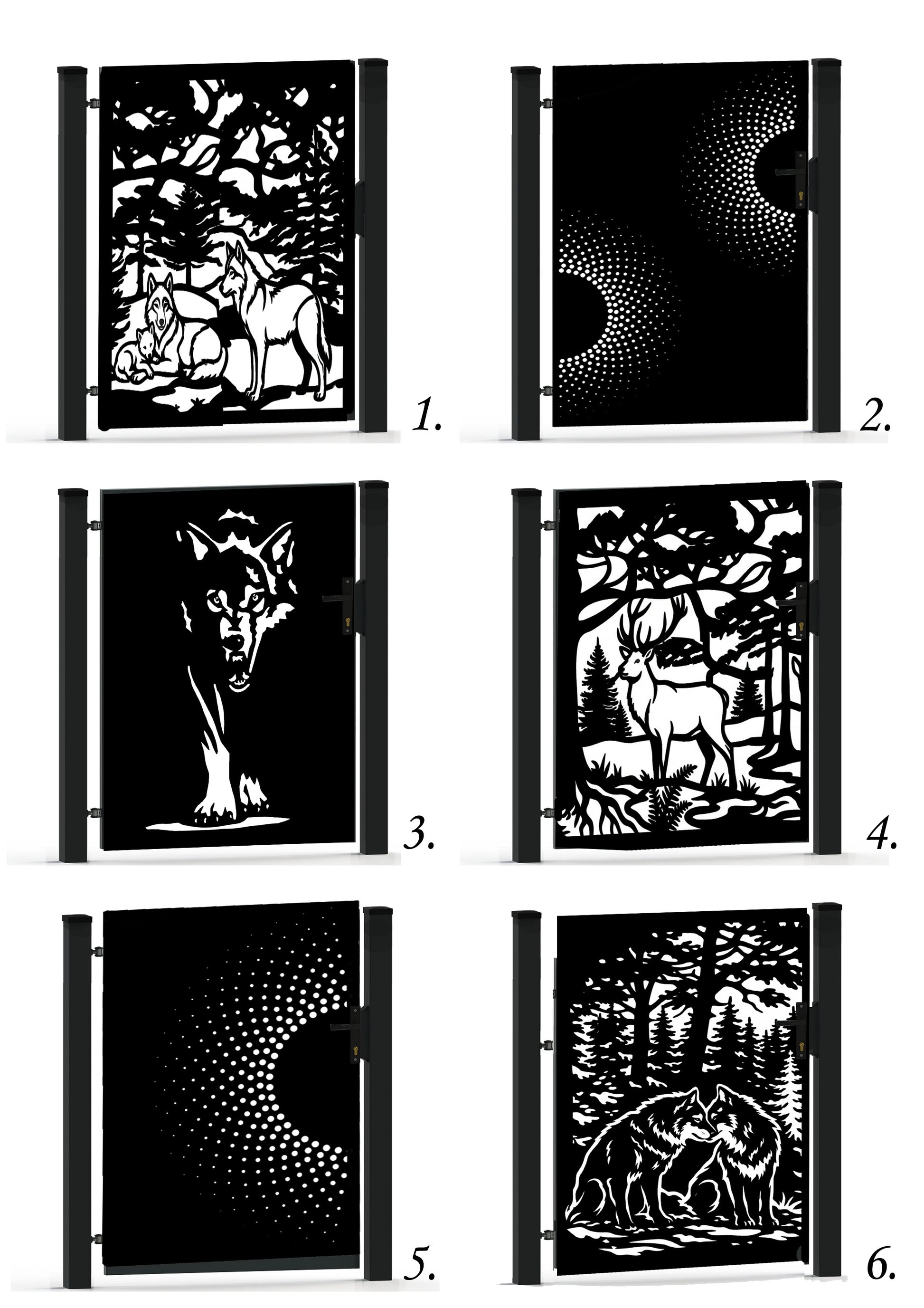 Laser cut garden gate with geometric and wildlife forest design, CNC plasma and laser cutting, modern corten panels, DXF SVG JPG files, decorative metal pedestrian gate, nature-inspired pattern, outdoor fencing, custom laser-cut metalwork