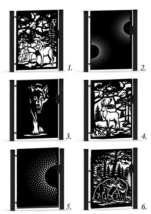 Laser cut garden gate with geometric and wildlife forest design, CNC plasma and laser cutting, modern corten panels, DXF SVG JPG files, decorative metal pedestrian gate, nature-inspired pattern, outdoor fencing, custom laser-cut metalwork