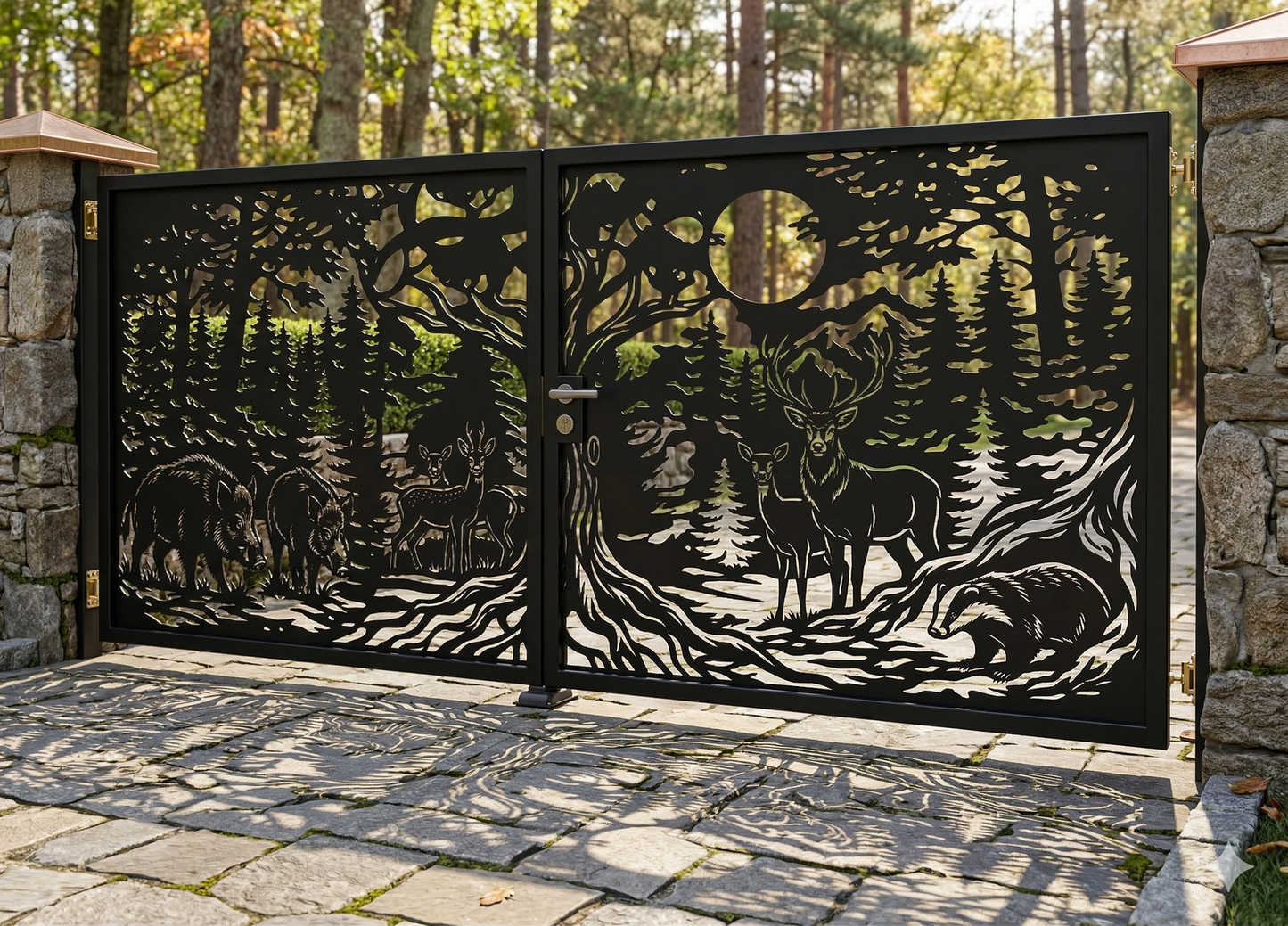 Finished black metal driveway gate with a laser-cut forest and deer motif, installed on a residential property.