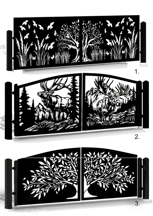 Forest-inspired tree and deer gate pattern in DXF format, ready for laser cutting, plasma cutting, and CNC fabrication. Perfect for modern homes, garden fences, stone fence inserts, swing gates, balcony railings, and decorative outdoor panels. Ideal for homeowners, metal fabricators, and DIY projects around the house. Production-ready vector files optimized for precision cutting and modern outdoor design.