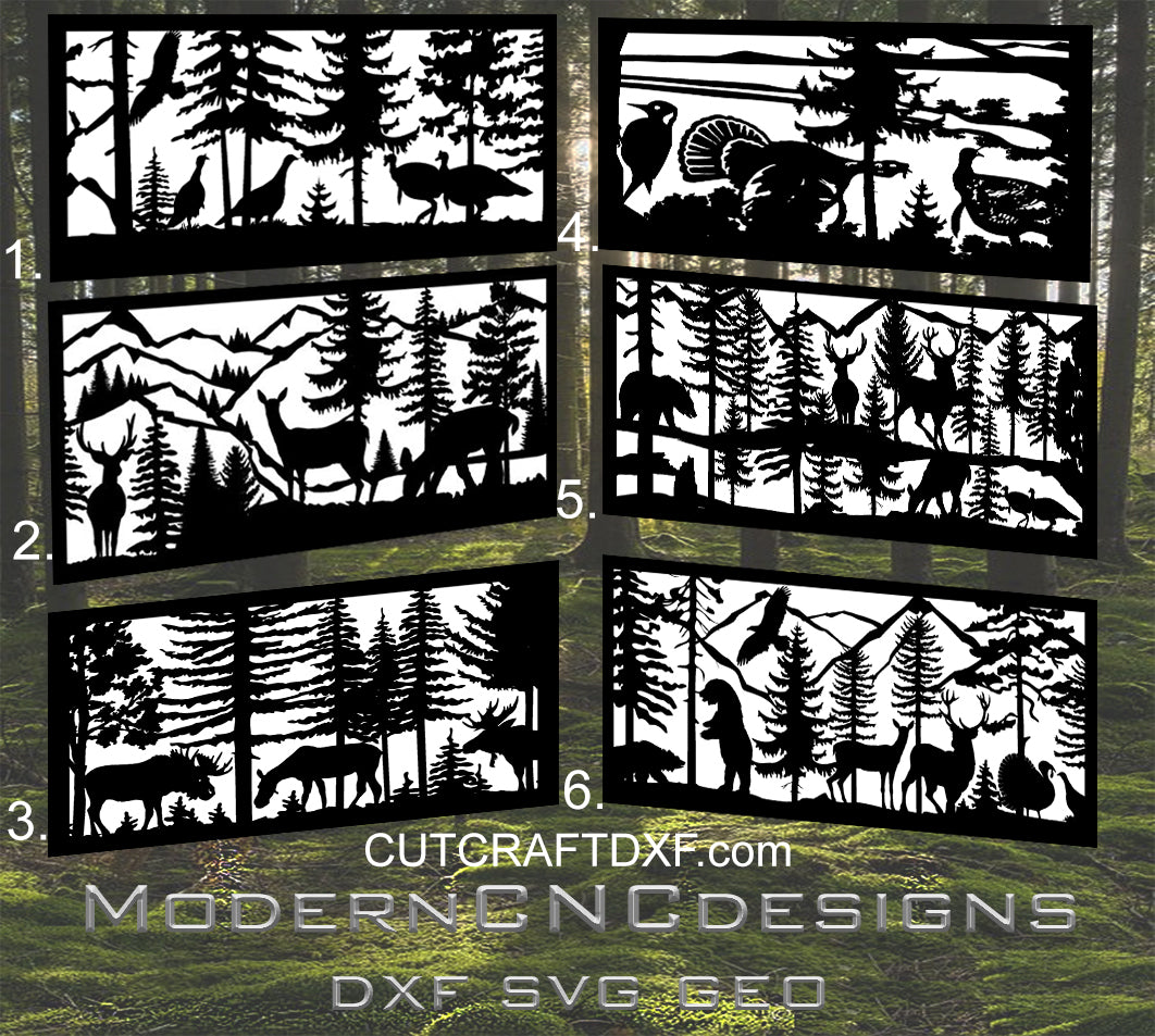 Forest animal DXF pattern featuring bears, deer, moose, and pheasants. Ready for laser cutting, plasma cutting, CNC, and waterjet fabrication. Perfect for garden gates, swing gates, fences, balcony railings, and decorative outdoor panels. Ideal for modern homes, stone fences, and nature-inspired garden designs. Production-ready vector files optimized for precise cutting and modern outdoor projects.