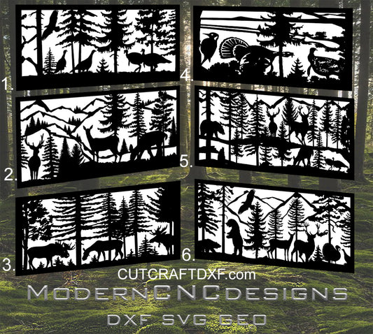 Forest animal DXF pattern featuring bears, deer, moose, and pheasants. Ready for laser cutting, plasma cutting, CNC, and waterjet fabrication. Perfect for garden gates, swing gates, fences, balcony railings, and decorative outdoor panels. Ideal for modern homes, stone fences, and nature-inspired garden designs. Production-ready vector files optimized for precise cutting and modern outdoor projects.