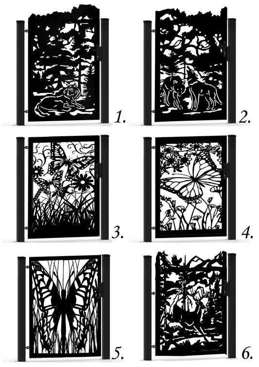 Decorative garden wicket gate pattern featuring wolves, butterflies, and deer in DXF format. Ready for laser cutting, plasma cutting, and CNC fabrication. Perfect for modern homes, garden fences, stone fence inserts, swing gates, balcony railings, and decorative outdoor panels. Ideal for homeowners, metal fabricators, and DIY projects around the house. Production-ready vector files optimized for precise cutting and modern outdoor design.