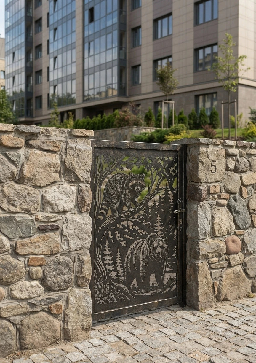 A decorative metal gate with an engraved bear and forest design, set in a stone wall on a cobblestone path with a modern apartment building in the background.