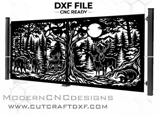 CNC-ready DXF file for a decorative metal gate featuring a detailed forest scene with deer, wild boars, and a full moon.