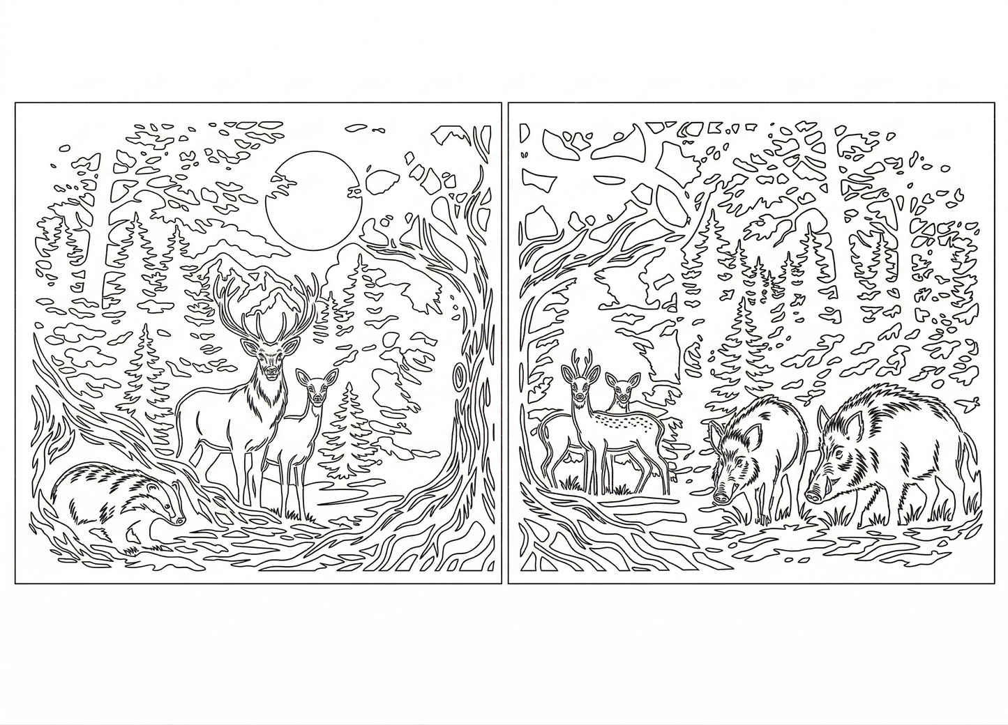 High-quality vector lineart for CNC metal cutting, showing a landscape design with deer and forest for gates or wall panels.