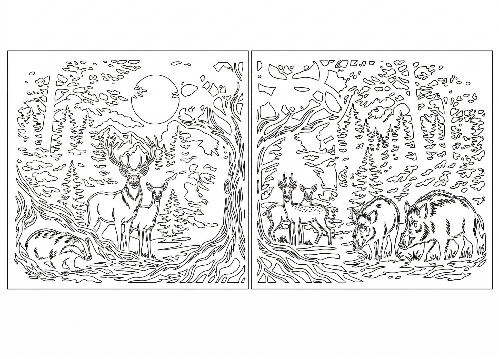 High-quality vector lineart for CNC metal cutting, showing a landscape design with deer and forest for gates or wall panels.