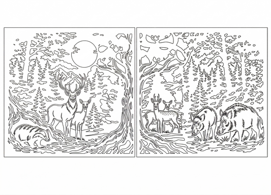 High-quality vector lineart for CNC metal cutting, showing a landscape design with deer and forest for gates or wall panels.