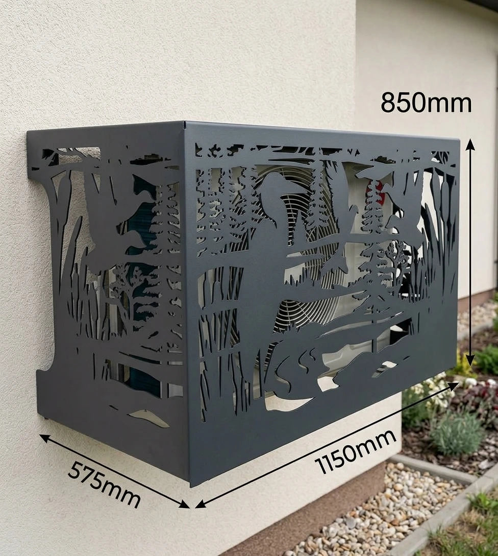 A dark gray laser-cut metal garden wall planter box mounted on a beige stucco wall, with dimension labels showing 850mm height, 1150mm width, and 575mm depth.