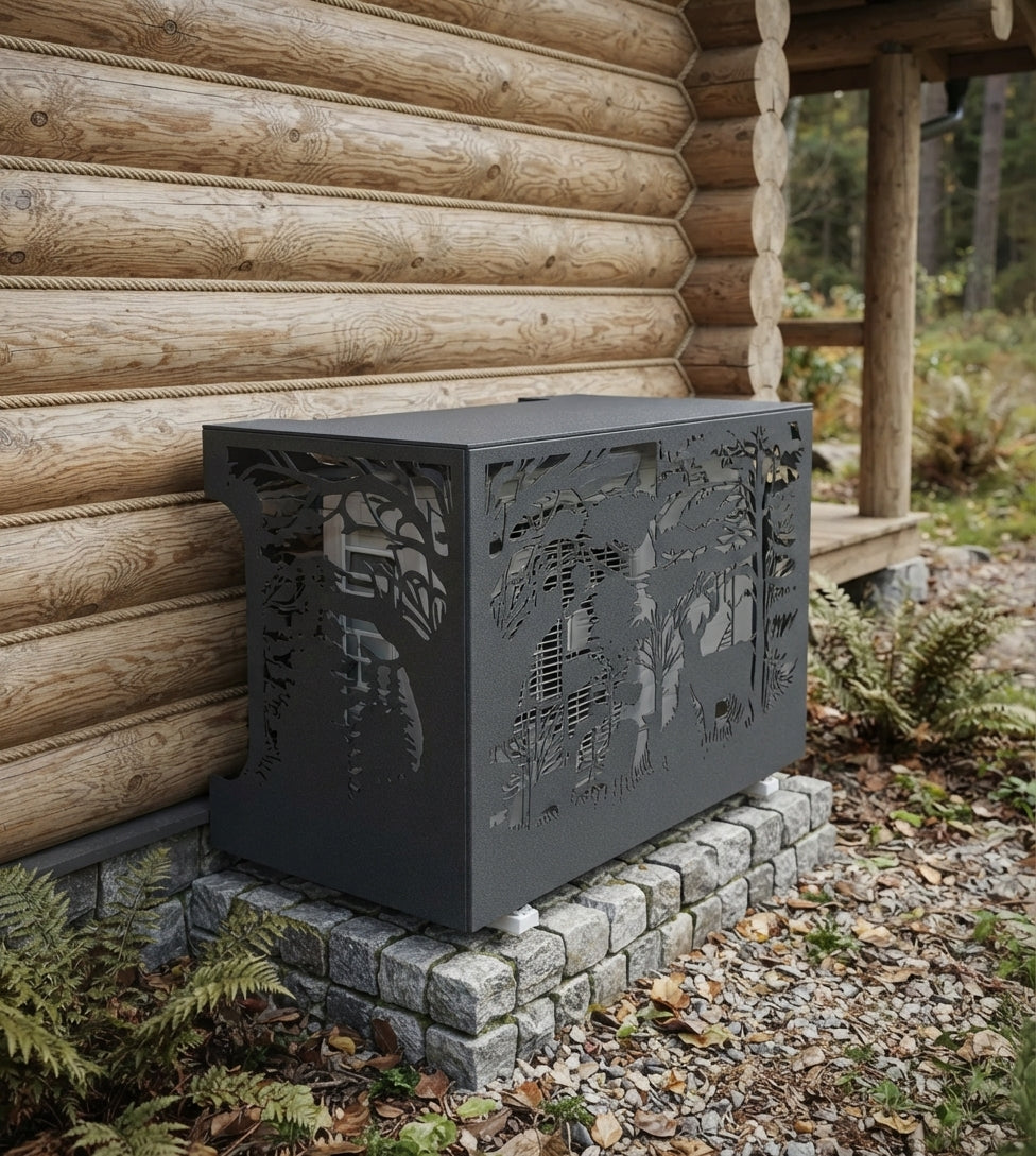 A dark gray metal outdoor fire pit with laser-cut forest and animal designs, placed on a stone brick base next to a log cabin.