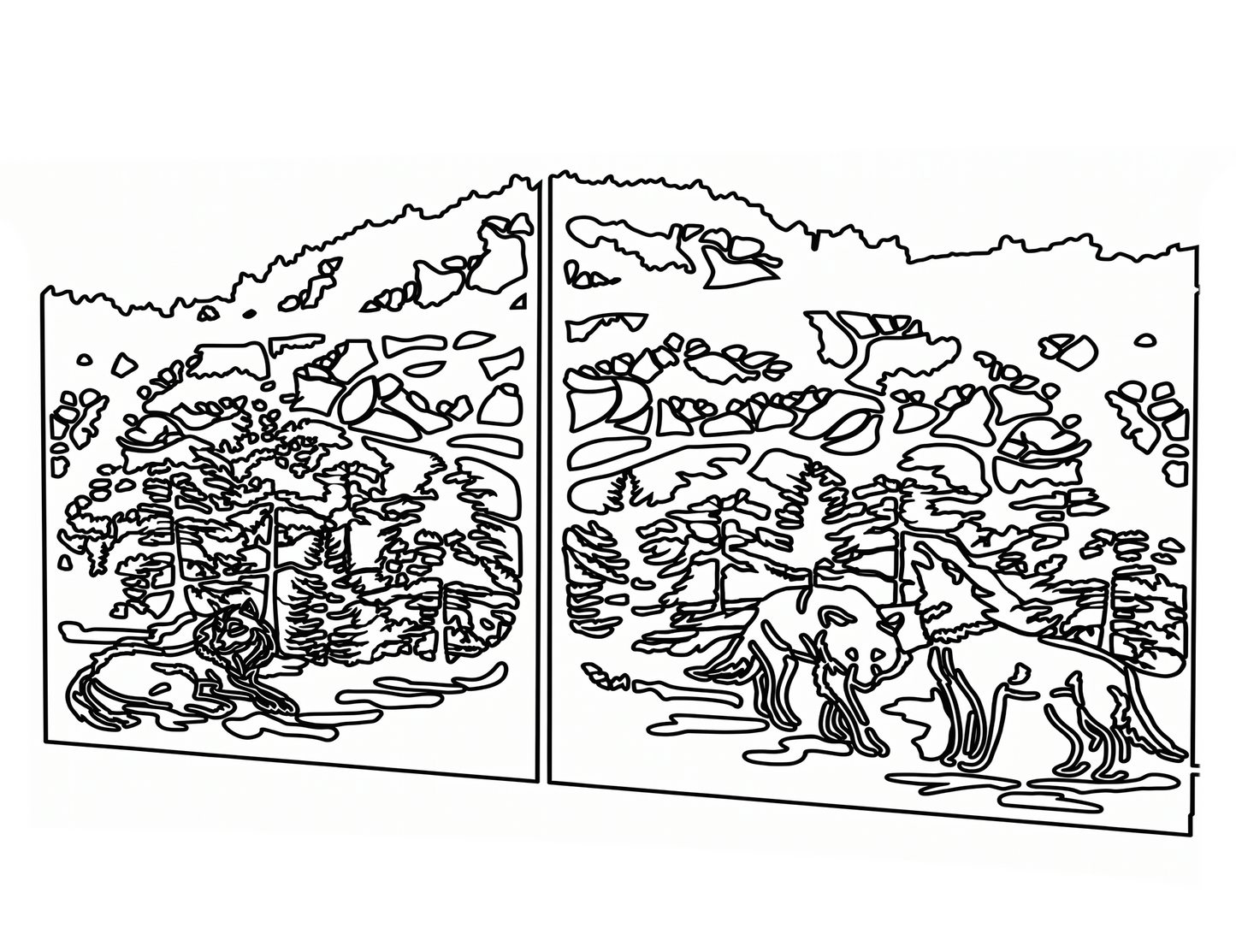 Technical CAD lineart drawing for a metal gate design with wolves and forest – a clean vector template ready for CNC cutting.