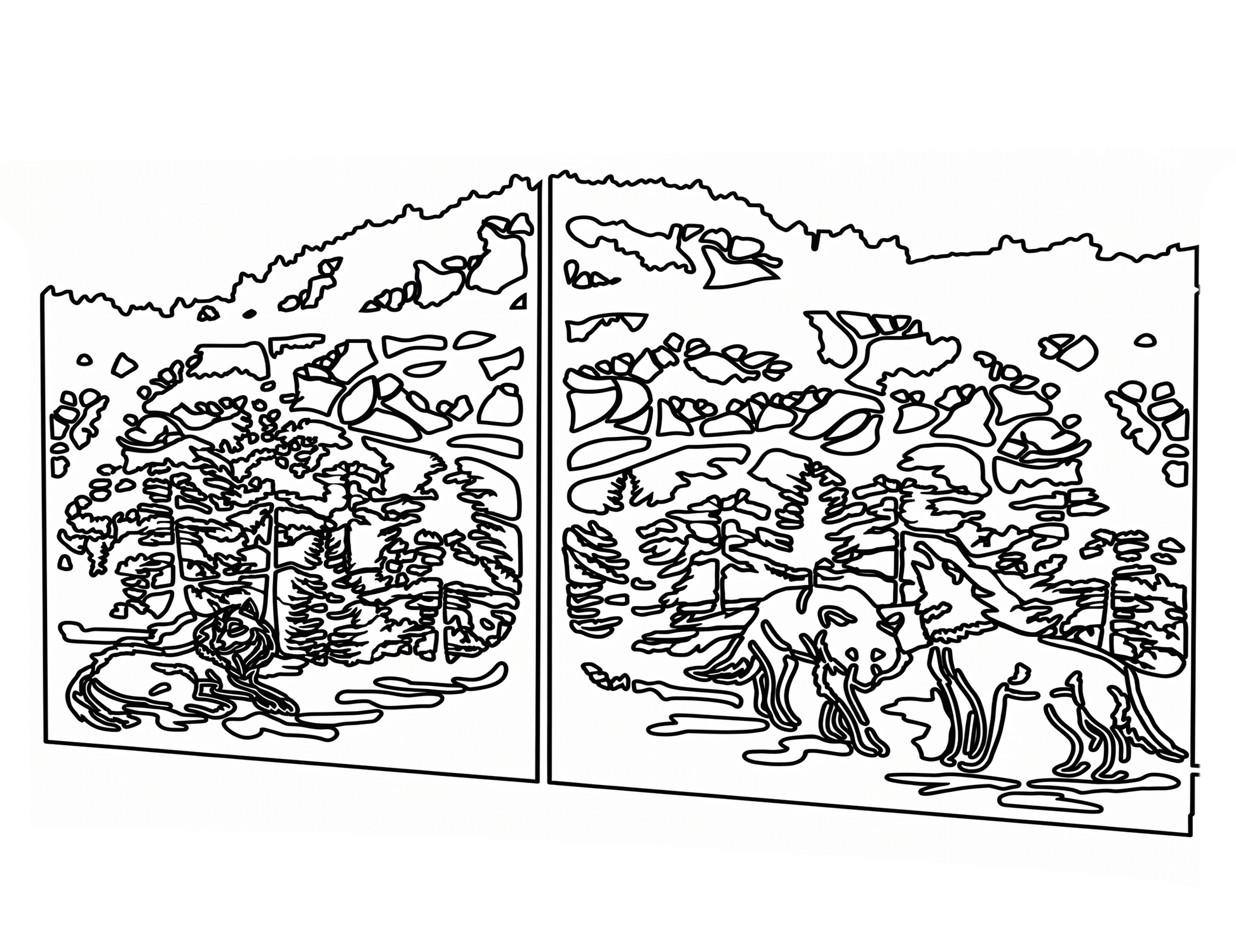 Technical CAD lineart drawing for a metal gate design with wolves and forest – a clean vector template ready for CNC cutting.